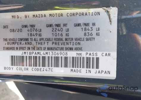 2021 Mazda Mazda3 Premium z USA, uszkodzony, nr VIN JM1BPAML4M1306908